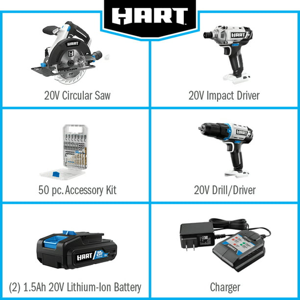 Restored HART 20-Volt 3-Tool Combo Kit with 50-Piece Accessory Kit (2) 20-Volt 1.5Ah Lithium-Ion Batteries (Refurbished)