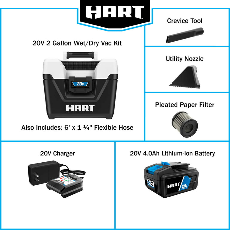 Restored Scratch and Dent HART 20-Volt Cordless 2-Gallon Wet/Dry Vacuum Kit (1) 20-Volt 4.0Ah Lithium- Ion Battery (Refurbished)