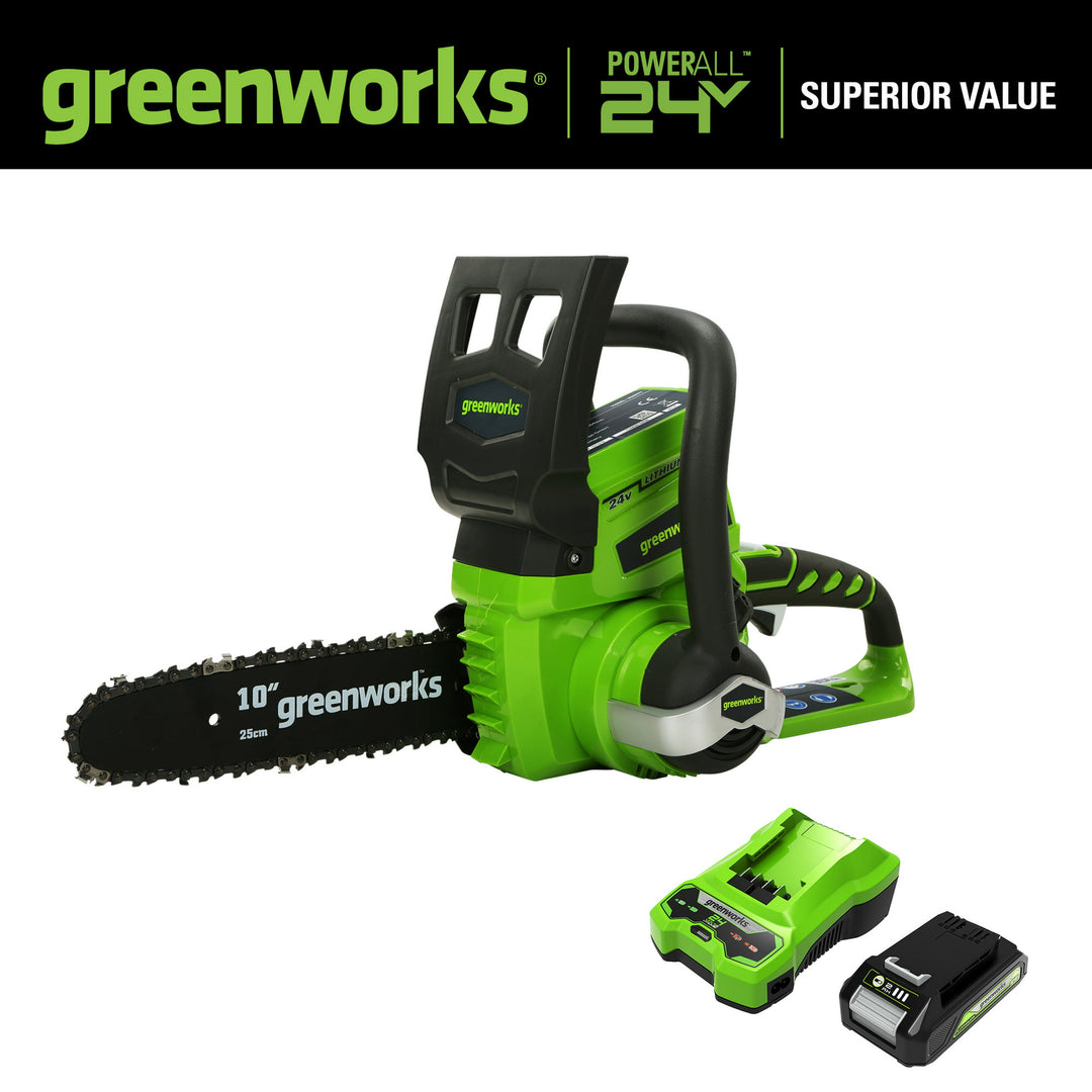 Restored Scratch and Dent Greenworks 24V 10" Cordless Chainsaw, 2.0Ah Battery and Charger Included (Refurbished)