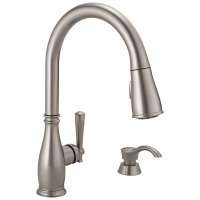 DELTA 19962Z-SSSD-DST Charmaine High Arc Pull Down Kitchen Faucet with Soap Dispenser, Single Handle, Stainless