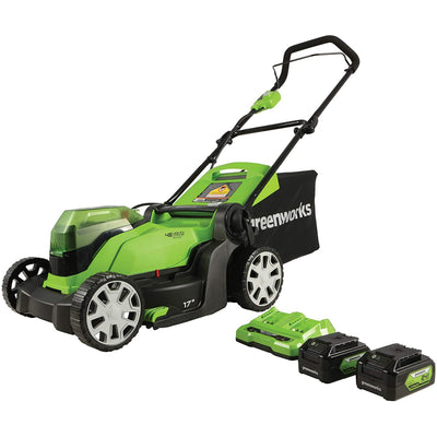 Restored Scratch and Dent Greenworks 48V (2 x 24V) 17" Lawn Mower, With 2 x 24V 4Ah Batteries and Dual Port Charger (Refurbished)