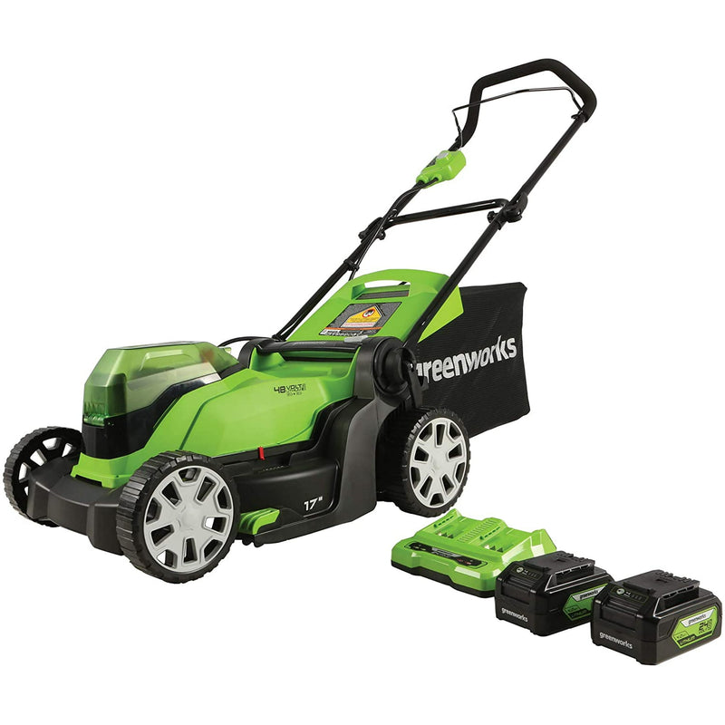 Restored Greenworks 48V (2 x 24V) 17" Lawn Mower, With 2 x 24V 4Ah Batteries and Dual Port Charger (Refurbished)