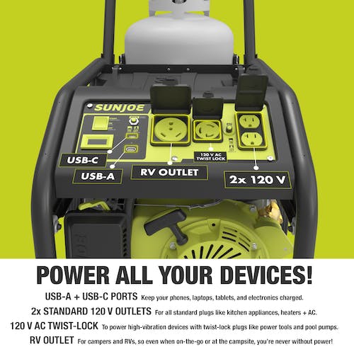 Restored Scratch and Dent Sun Joe SJG4100LP | Portable Propane Generator | Push-Button Electric + Recoil Start | Power Cooling | 4100 Starting Watt | 3300 Running Watt | Battery+Charger (Refurbished)