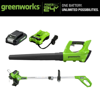 Restored Scratch and Dent Greenworks 24V Cordless String Trimmer and Blower Combo, 2Ah Battery and Charger Included (Refurbished)