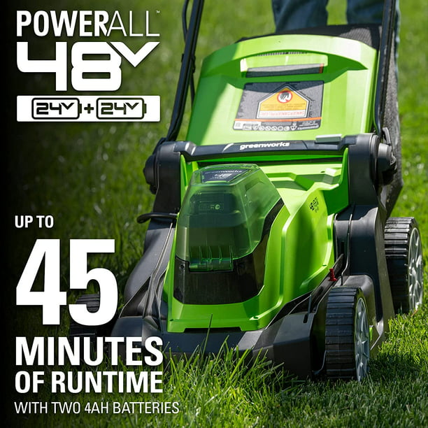 Restored Greenworks 48V (2 x 24V) 17" Lawn Mower, With 2 x 24V 4Ah Batteries and Dual Port Charger (Refurbished)