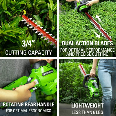 Restored Scratch and Dent Greenworks 40V 24-inch Hedge Trimmer with 2.5 Ah Battery and Quick Charger, 2207902 (Refurbished)
