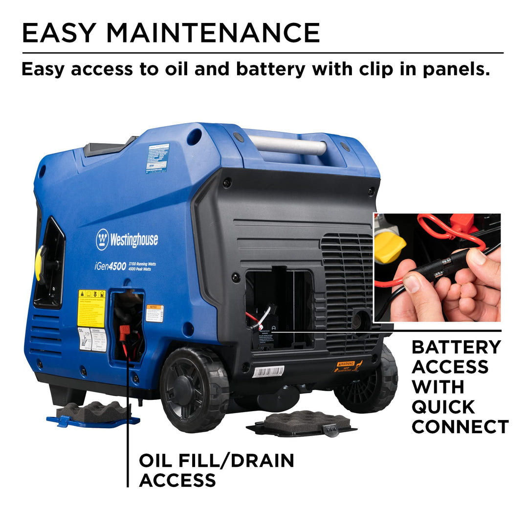 Restored Scratch and Dent Westinghouse 4500 Peak Watt Quiet Portable Inverter Generator, Remote Electric Start with Auto Choke, Wheel & Handle Kit, Gas Powered, Parallel Capable (Refurbished)