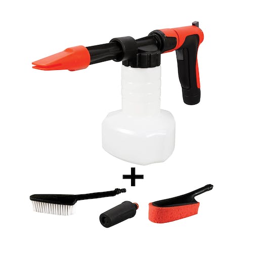 Restored Scratch and Dent Aqua Joe AJ-SPXN-PRO-RED 2-in-1 All-Purpose Garden Hose-Powered Adjustable Foam Cannon Spray Gun Kit | W/ Bristle Brush & Detailer Sponge Attachments (Red) (Refurbished)