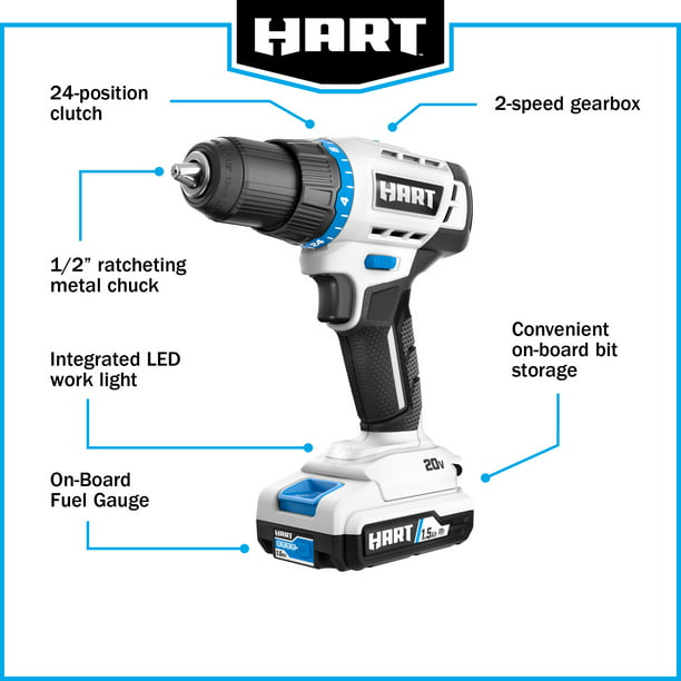 Restored HART 20-Volt Cordless 1/2-inch Drill/Driver Kit, (2) 1.5Ah Lithium-Ion Batteries, Gen 2 (Refurbished)