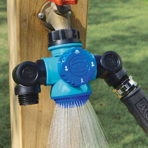 Restored Aqua Joe SJI-MFGA2 Multi-Function Outdoor Faucet and Dual Garden Hose Tap Connecter (Refurbished)