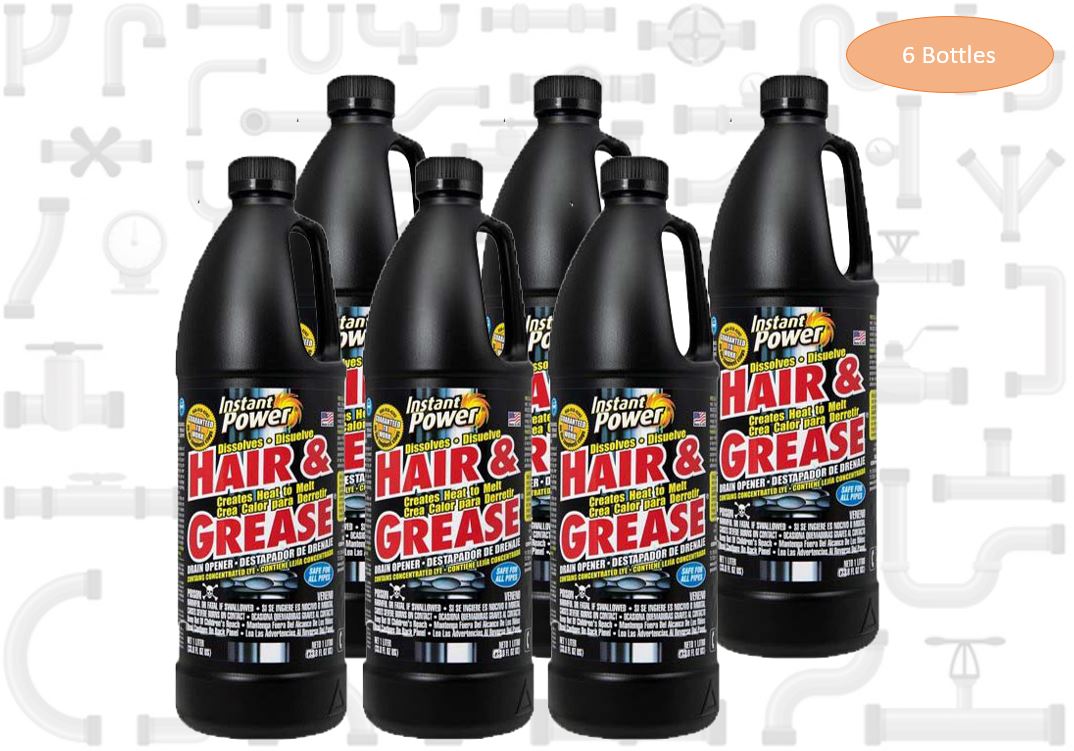 Instant Power 1969 Hair and Grease Drain Opener | 1L | Liquid, Black (6-Pack)