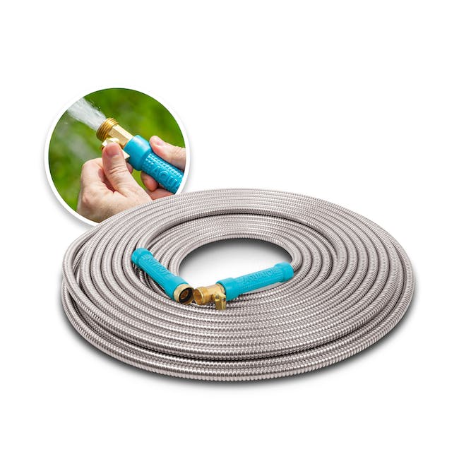 Restored Scratch and Dent Aqua Joe AJSGH75-MAX Puncture Proof, Kink-Free Garden Hose | 75-Foot | 1/2-Inch | w/ Brass Fitting & On/Off Valve | 304-Stainless Steel Metal (Refurbished)