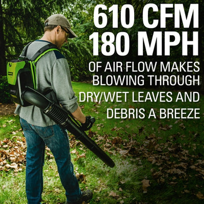 Restored Scratch and Dent Greenworks 80V 580 CFM Cordless Brushless Backpack Blower, Battery Not Included, 2403802 (Refurbished)