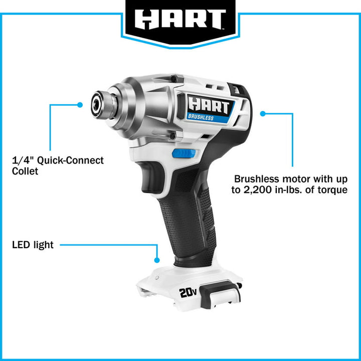 Restored Scratch and Dent HART 20-Volt Cordless Brushless Impact Driver Kit, (1) 20-Volt 2.0Ah Battery, Gen 2 (Refurbished)