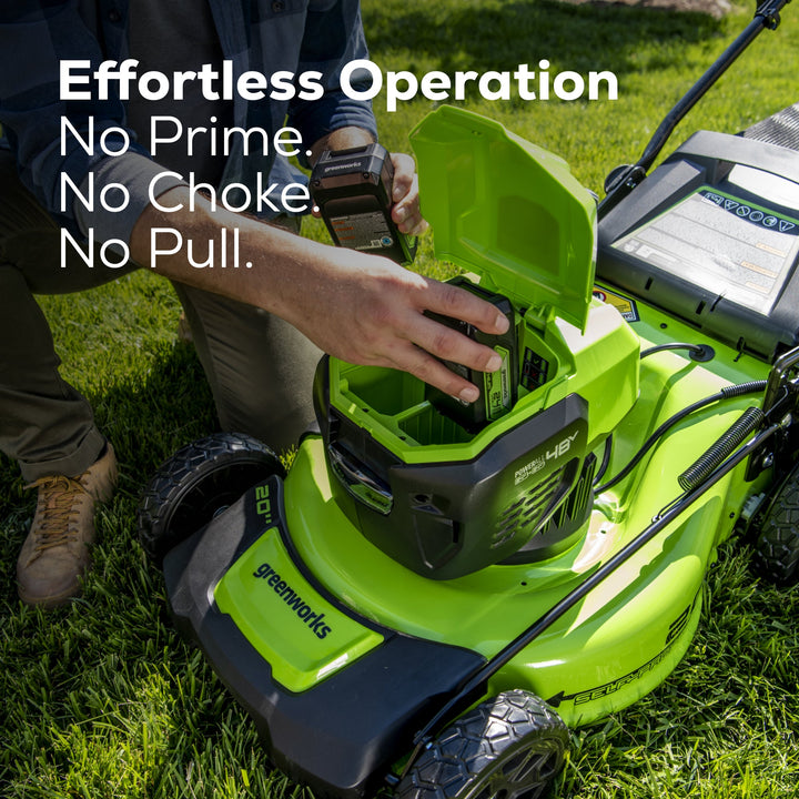 Restored Scratch and Dent Greenworks 48V 20" Brushless Battery-Powered Lawn Mower, Two (2) 4.0Ah USB Batteries and Charger (Refurbished)