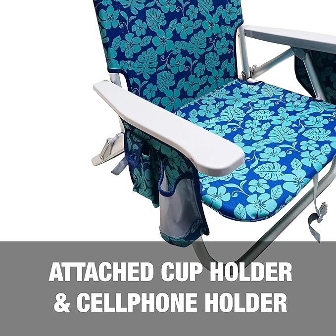Bliss Hammocks BBC-350-BF | Folding Beach Chair | 5 Reclining Positions | Detachable Cooler Bag | Blue Flower