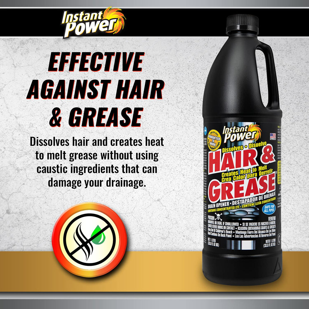 Instant Power 1969 Hair and Grease Drain Opener | 1L | Liquid, Black (6-Pack)