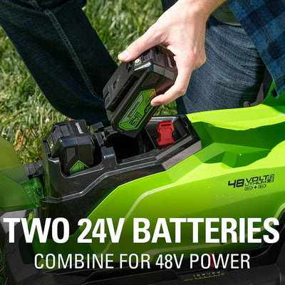 Restored Greenworks 48V (2 x 24V) 17" Lawn Mower, With 2 x 24V 4Ah Batteries and Dual Port Charger (Refurbished)
