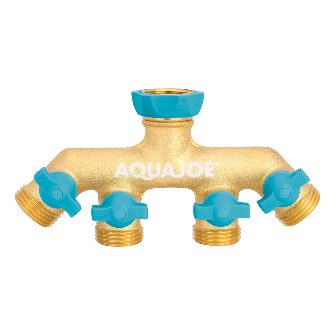 Restored Scratch and Dent Aqua Joe AJ-FS4W Solid Brass 4-Way Splitter, Swivel Faucet Connector, Individual On/Off Valves (Refurbished)