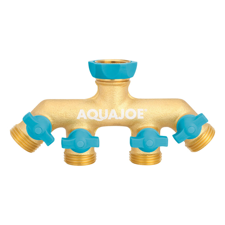 Restored Scratch and Dent Aqua Joe AJ-FS4W Solid Brass 4-Way Splitter, Swivel Faucet Connector, Individual On/Off Valves (Refurbished)