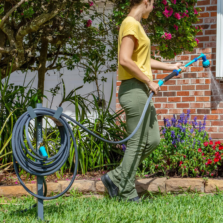 Restored Aqua Joe SJ-SHSBB-GRY Steel Garden Hose Stand with Solid Brass Faucet and Quick Install Anchor Base, Gray (Refurbished)