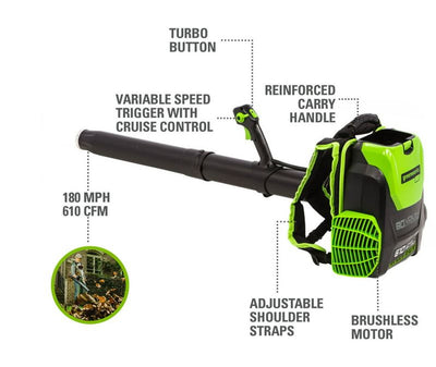 Restored Scratch and Dent Greenworks 80V 580 CFM Cordless Brushless Backpack Blower, Battery Not Included, 2403802 (Refurbished)