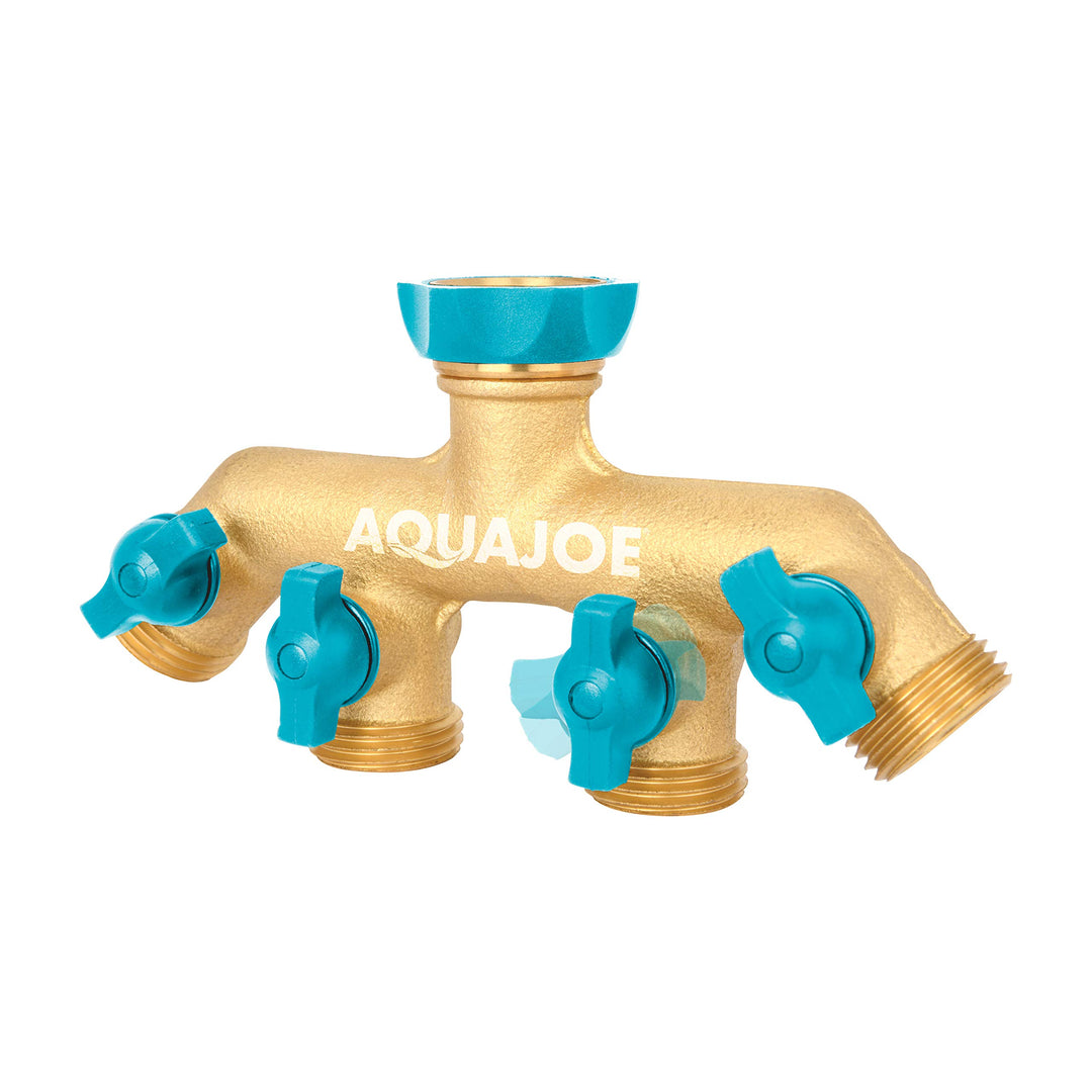 Restored Scratch and Dent Aqua Joe AJ-FS4W Solid Brass 4-Way Splitter, Swivel Faucet Connector, Individual On/Off Valves (Refurbished)