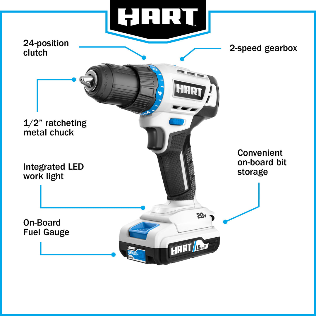 Restored HART 20-Volt Cordless 1/2-inch Drill/Driver Kit, (1) 1.5Ah Lithium-Ion Battery, Gen 2 (Refurbished)