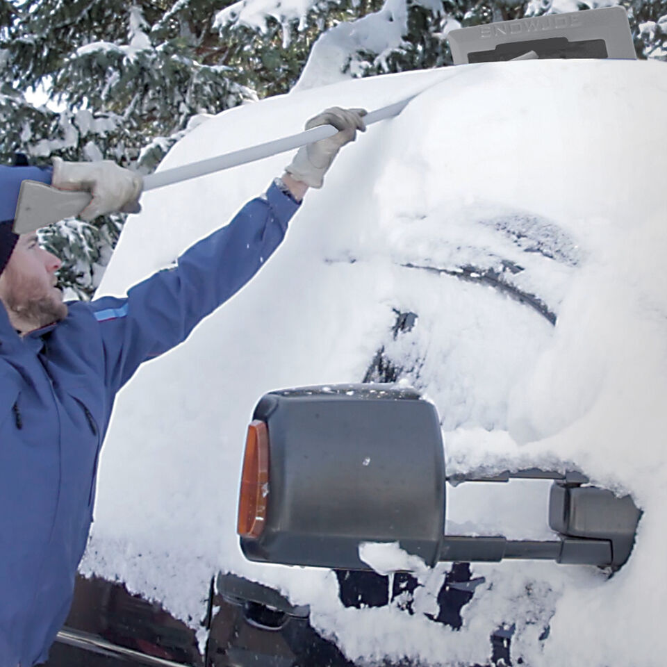 Snow Joe 3-In-1 Telescoping Snow Broom Ice Scraper | 18-Inch Foam Head | Headlights (Grey)