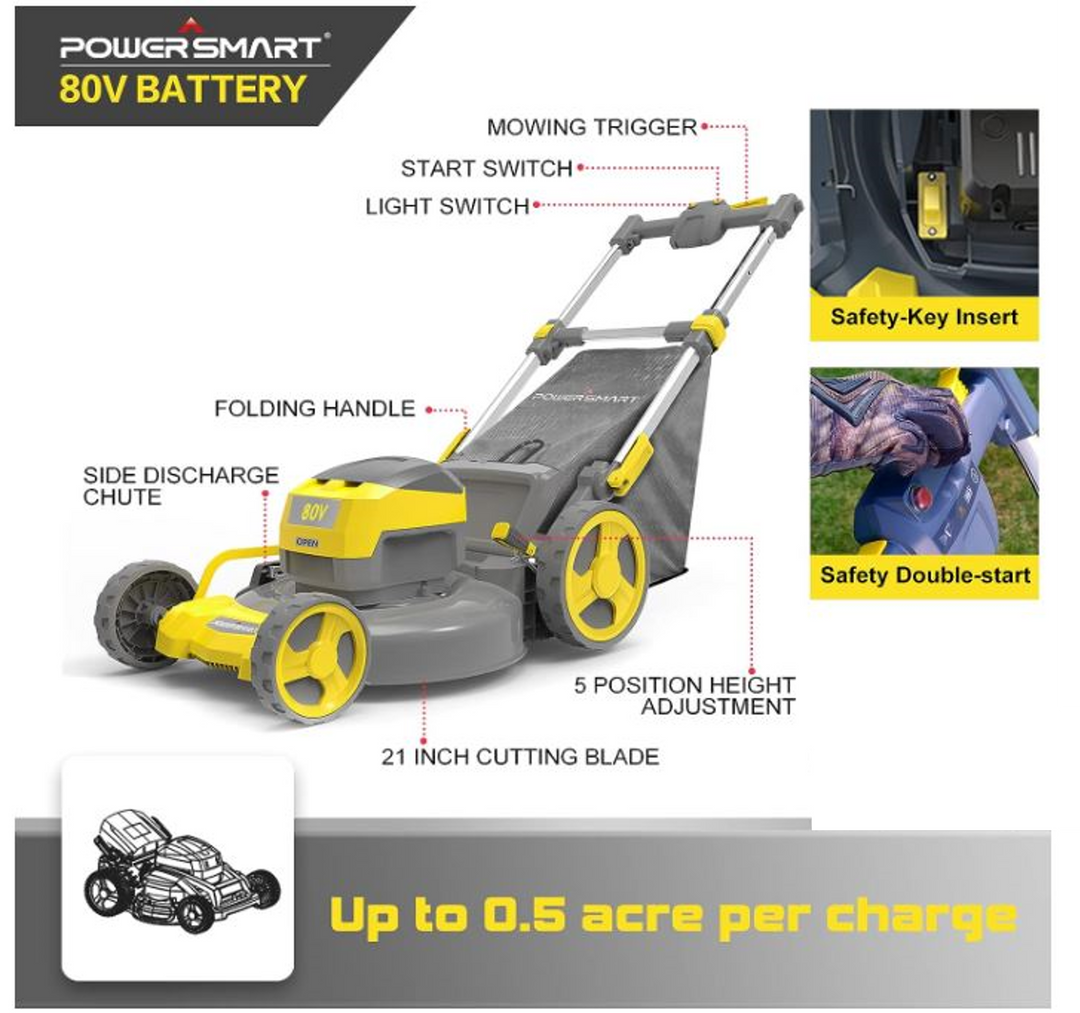 Restored Scratch and Dent PowerSmart PS76821 21 in. 3 in 1 Cordless 80 V Lawn Mower with 6.0 Ah Battery and Charger (Refurbished)