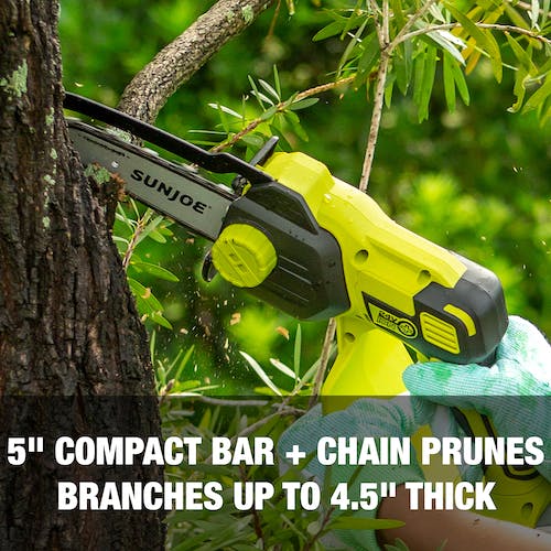 Restored Scratch and Dent Sun Joe 24V-HCS-LTE-P1 24-Volt* IONMAX Cordless Handheld Chainsaw | 5-inch Pruning Saw Kit | W/ 2.0-Ah Battery + Charger (Refurbished)