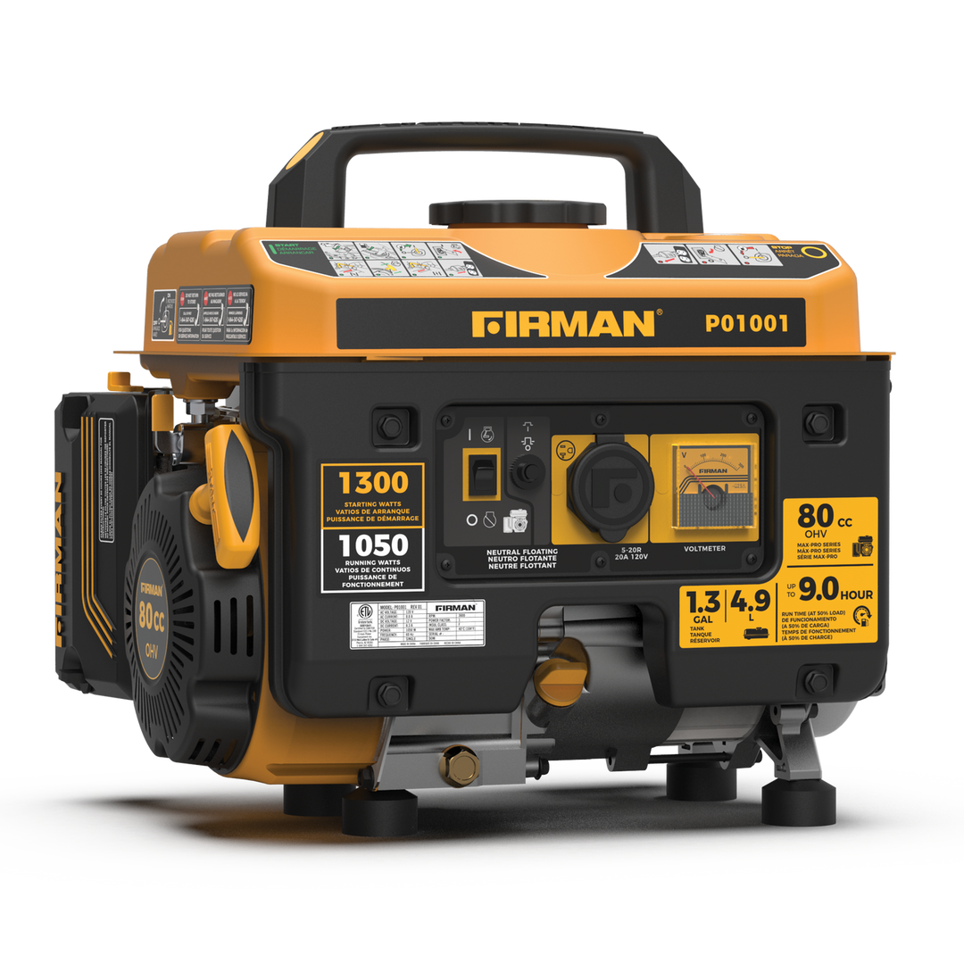 Firman P01001 1300/1050 Watt Recoil Start Gas Portable Generator CARB and cETL Cert, Black [Remanufactured]