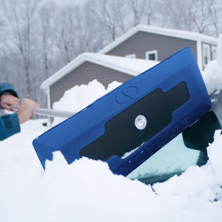 Snow Joe 3-In-1 Telescoping Snow Broom Ice Scraper | 18-Inch Foam Head | Headlights (Blue)