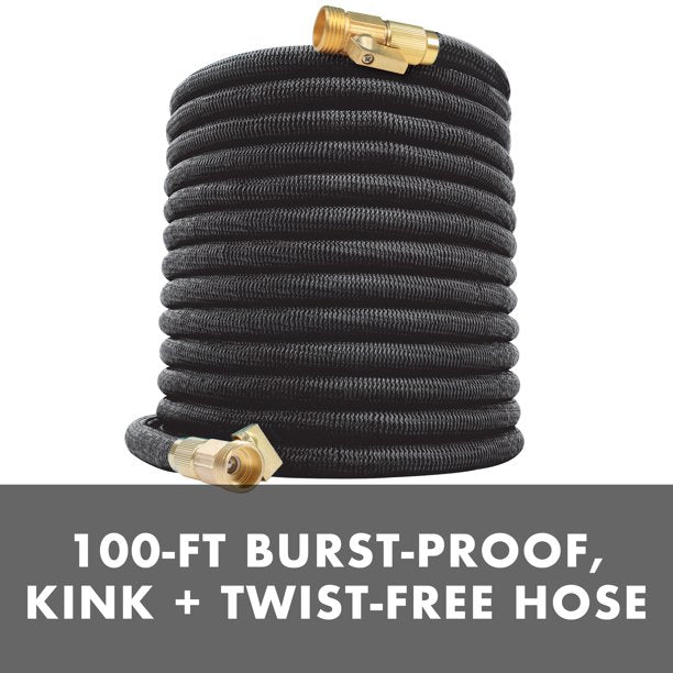 Restored Scratch and Dent Aqua Joe Kink-Free 100-Foot Expandable Garden Hoses W/ Heavy-Duty Brass Valve & Flow Control Shut-off, 5/8-inch (Black) (Refurbished)