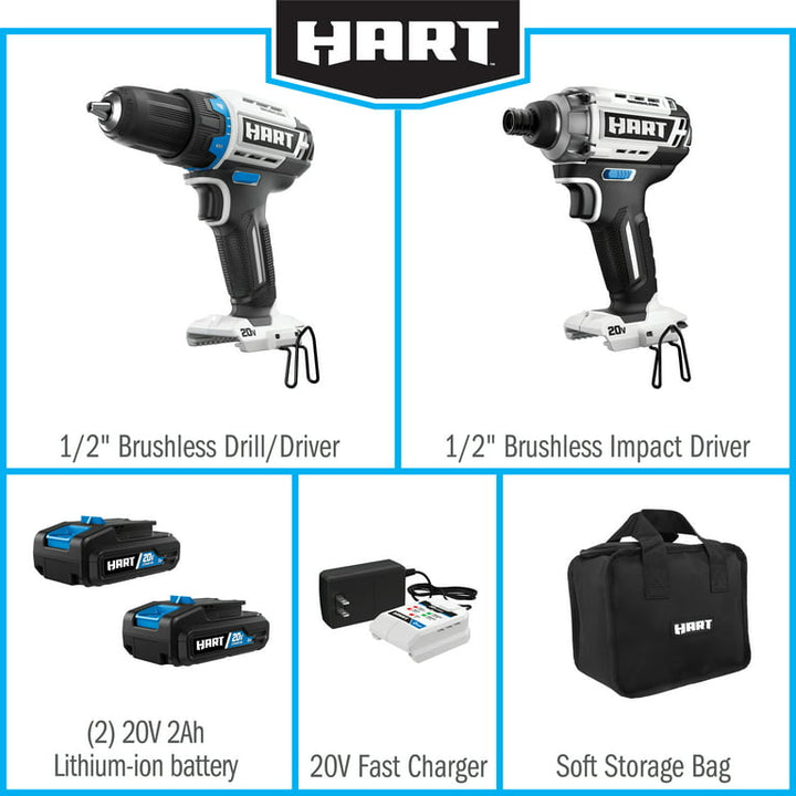 Restored Scratch and Dent HART 20-Volt Cordless Brushless Drill and Impact Combo Kit with 10-inch Storage Bag, (2) 2.0Ah Lithium-Ion Batteries (Refurbished)