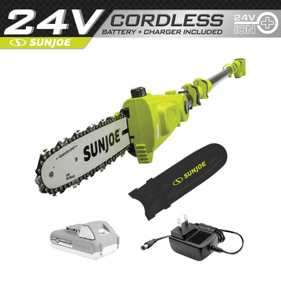 Sun Joe 24V-PS10-LTE 24-Volt iON+ 10-inch Cordless Telescoping Pole Chainsaw, Kit (w/ 2.0-Ah Battery and Charger), Green