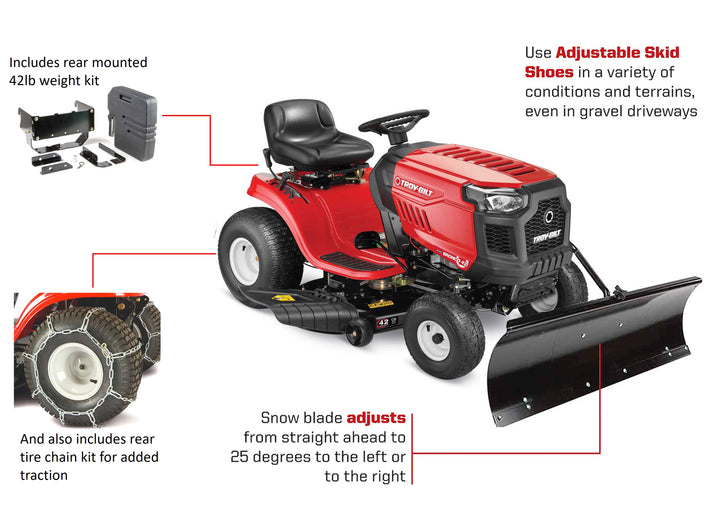 Troy Bilt Bronco "Mow and Snow" Snow Edition 42 in. Gas Riding Lawn Tractor 19 HP Briggs & Stratton Automatic Drive with Plow, Chains and Weight Kit