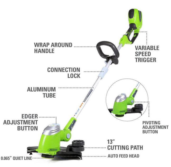 Restored Scratch and Dent Greenworks 40V 13" Cordless String Trimmer / Edger, 2.0Ah Battery and Charger Included (Refurbished)