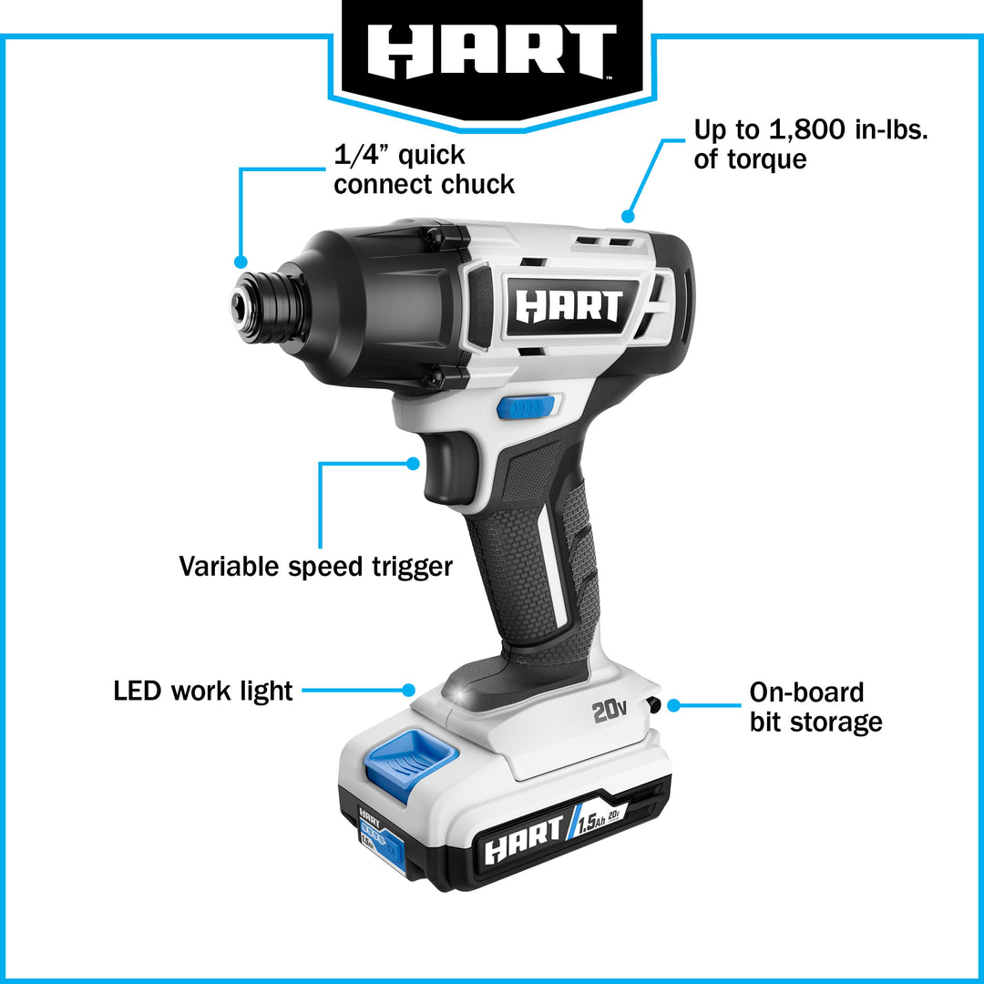 Restored HART 20-Volt Cordless Impact Driver Kit, (2) 1.5Ah Lithium-Ion Batteries, Gen 2 (Refurbished)