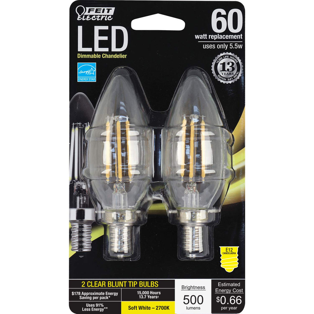 Feit Electric BPCTC60/827/LED/2 Decorative Clear Glass Filament Led Dimmable 60 Watt Equivalent Soft White Torpedo Tip Chandelier Bulb (2 Pack), Candelabra, 60 Watt Equivalent