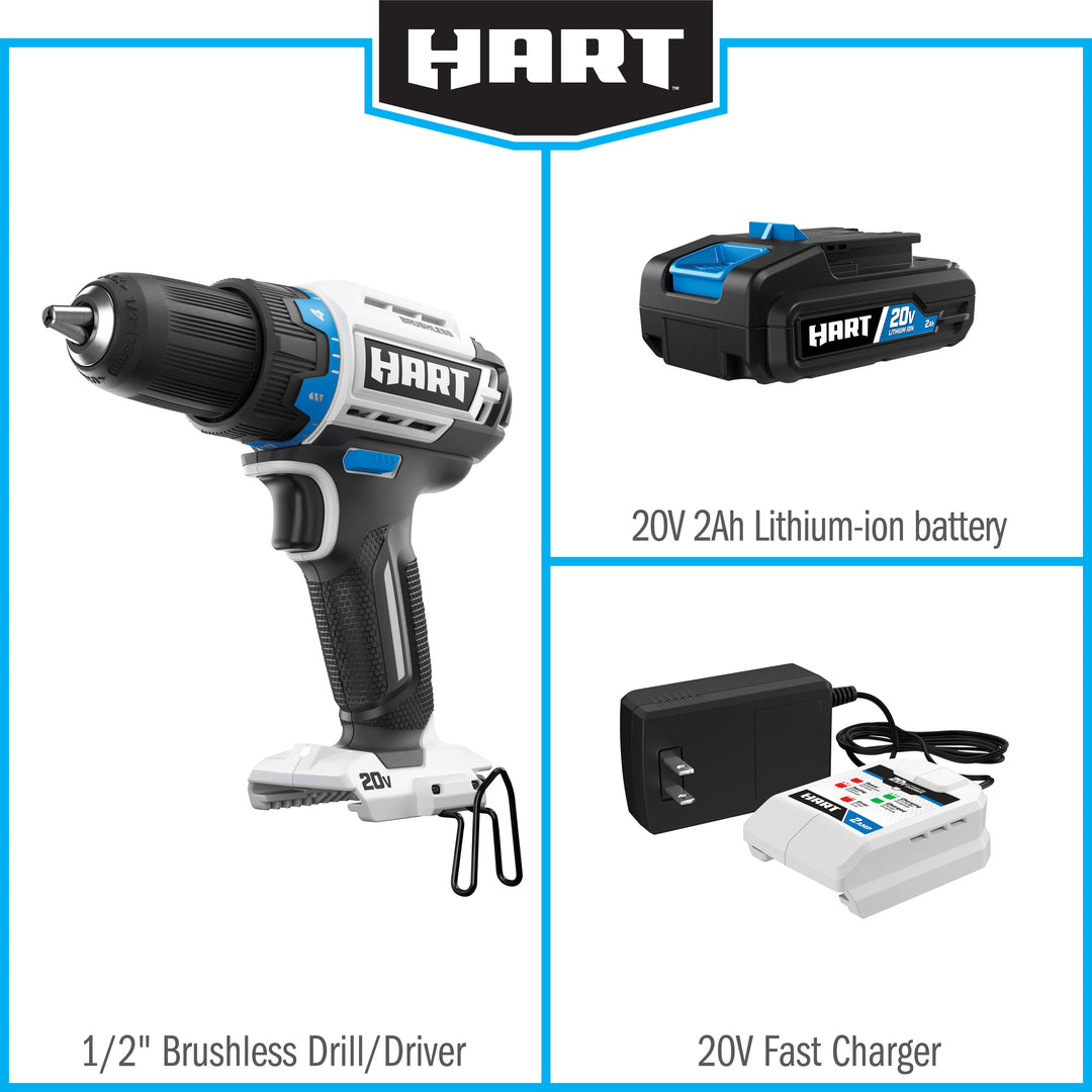 Restored HART HPDD25B | 1/2-inch Drill/Driver Kit & 10-inch Storage Bag | 20v Tool | Cordless | Brushless | 2Ah Lithium-Ion Battery (Refurbished)