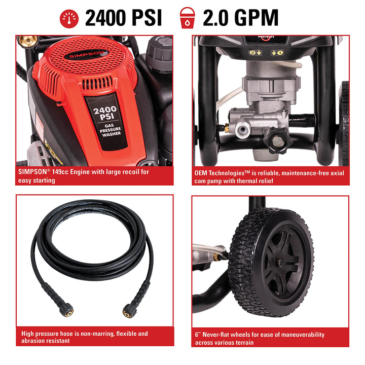 SIMPSON Cleaning CM60912 Clean Machine 2400 PSI Gas Pressure Washer, 2.0 GPM, Simpson Engine, Includes Spray Gun and Wand, 3 QC Nozzle Tips, 1/4-in. x 25-ft. Santoprene Hose [Local Pickup Only]