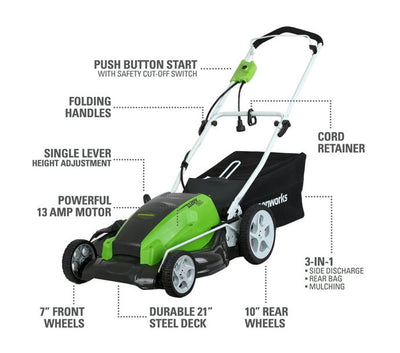 Restored Scratch and Dent Greenworks 13 Amp 21" Corded Lawn Mower (Refurbished)