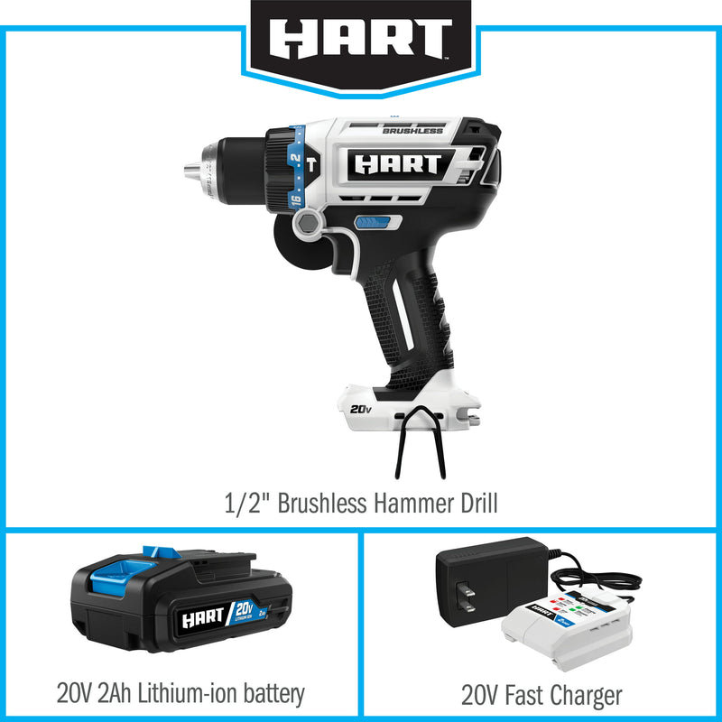 (Restored) HART 20-Volt Brushless 1/2 Inch Hammer Drill Kit (Refurbished)