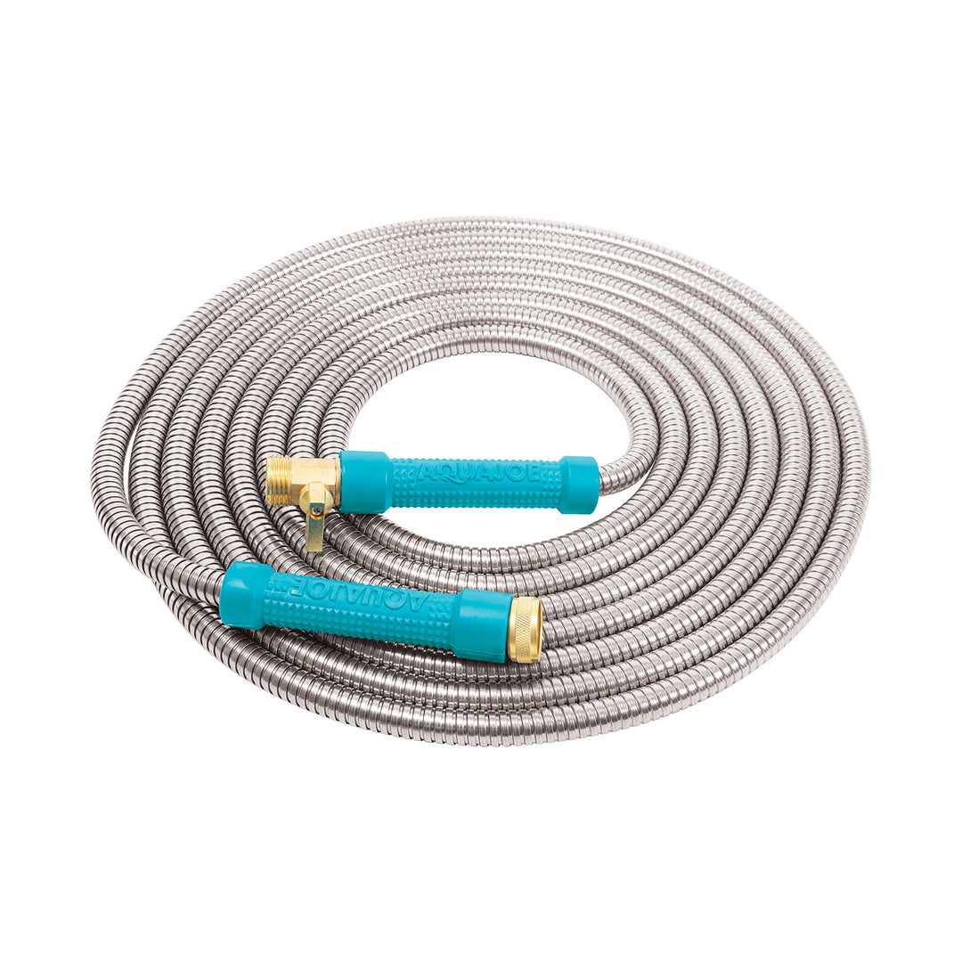 Restored Scratch and Dent Aqua Joe AJSGH25-MAX Heavy-Duty Puncture Proof Kink-Free Garden Hose, 25-Foot, 1/2-Inch, w/Brass Fitting & On/Off Valve, Spiral Constructed 304-Stainless Steel Metal (Refurbished)