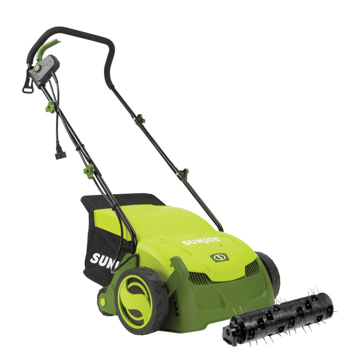Restored Scratch and Dent Sun Joe AJ801E 13 in. 12 Amp Electric Scarifier + Lawn Dethatcher w/Collection Bag, Green [Remanufactured]