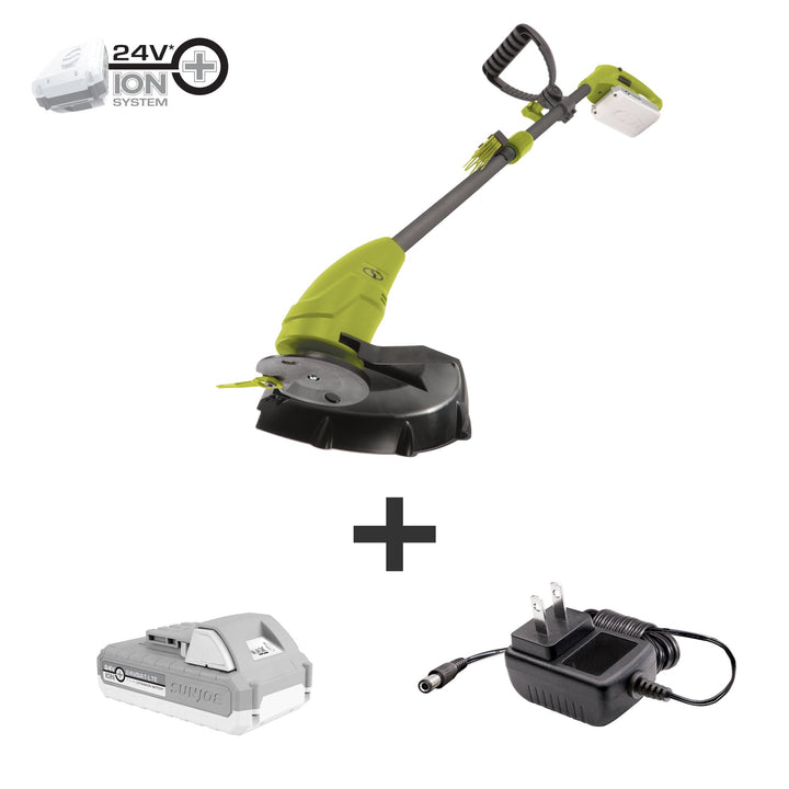 Restored Scratch and Dent Sun Joe 24V-GT10-LTE 24V Ion+ Cordless Lightweight Stringless Grass Trimmer , 10-inch, 2.0-Ah Battery + Charger (Refurbished)