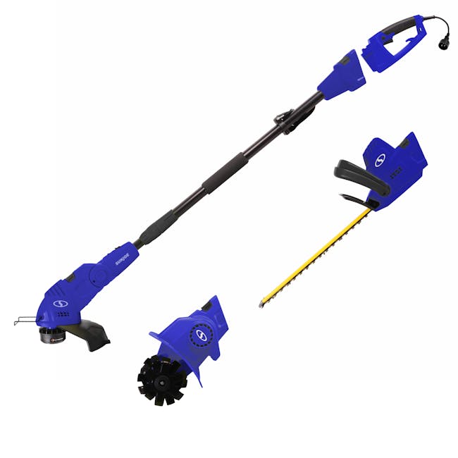 Snow Joe Sun Joe GTS4000E-GRY Lawn + Garden Multi-Tool System (Hedge + Pole Trimmer, Grass Trimmer, Garden Tiller), Blue [Remanufactured]