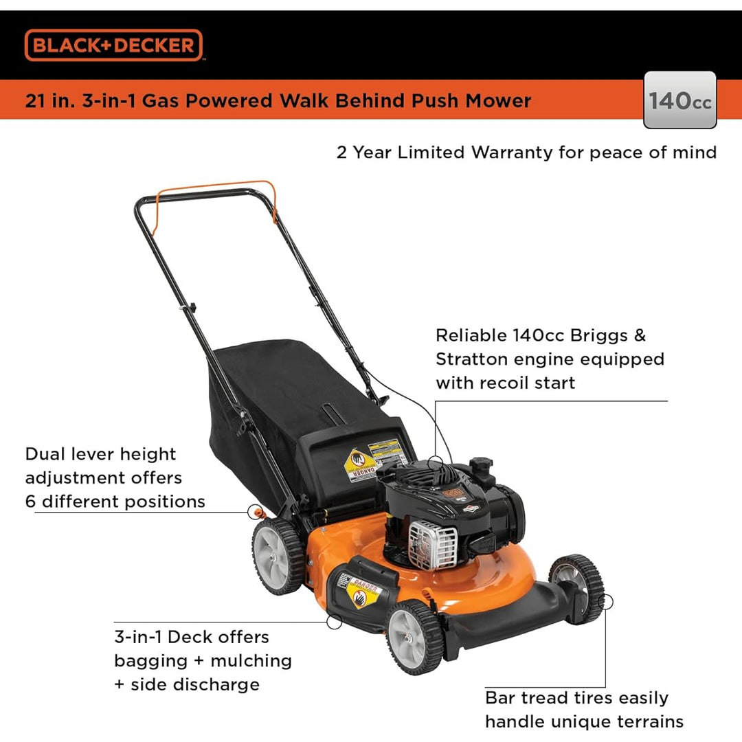 Restored Scratch and Dent BLACK+DECKER 21-Inch 3-in-1 Gas Powered Push Lawn Mower with 140cc Briggs & Stratton Engine, Black and Orange (Refurbished)