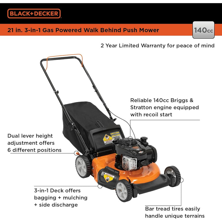 Restored Scratch and Dent BLACK+DECKER 21-Inch 3-in-1 Gas Powered Push Lawn Mower with 140cc Briggs & Stratton Engine, Black and Orange (Refurbished)